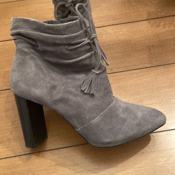 Boots, Gray Suede High Heel Ankle Boots. - Picture 3 of 5